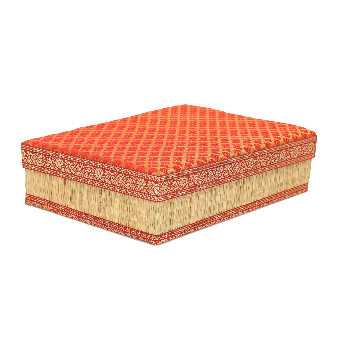 Rivergrass Saree Box with Foam Lid - Natural Colour Base, Red Lid