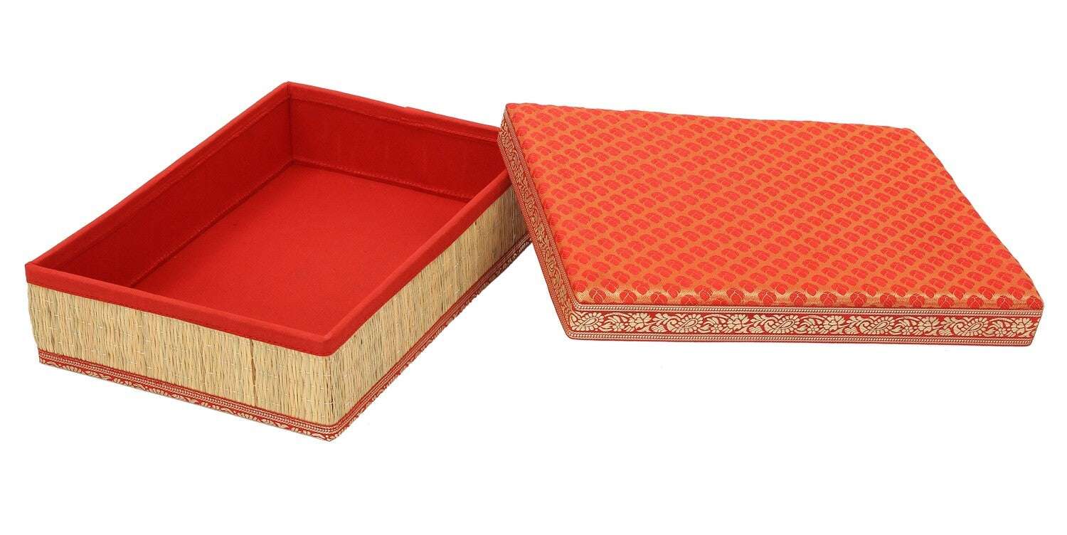 Rivergrass Saree Box with Foam Lid - Natural Colour Base, Red Lid